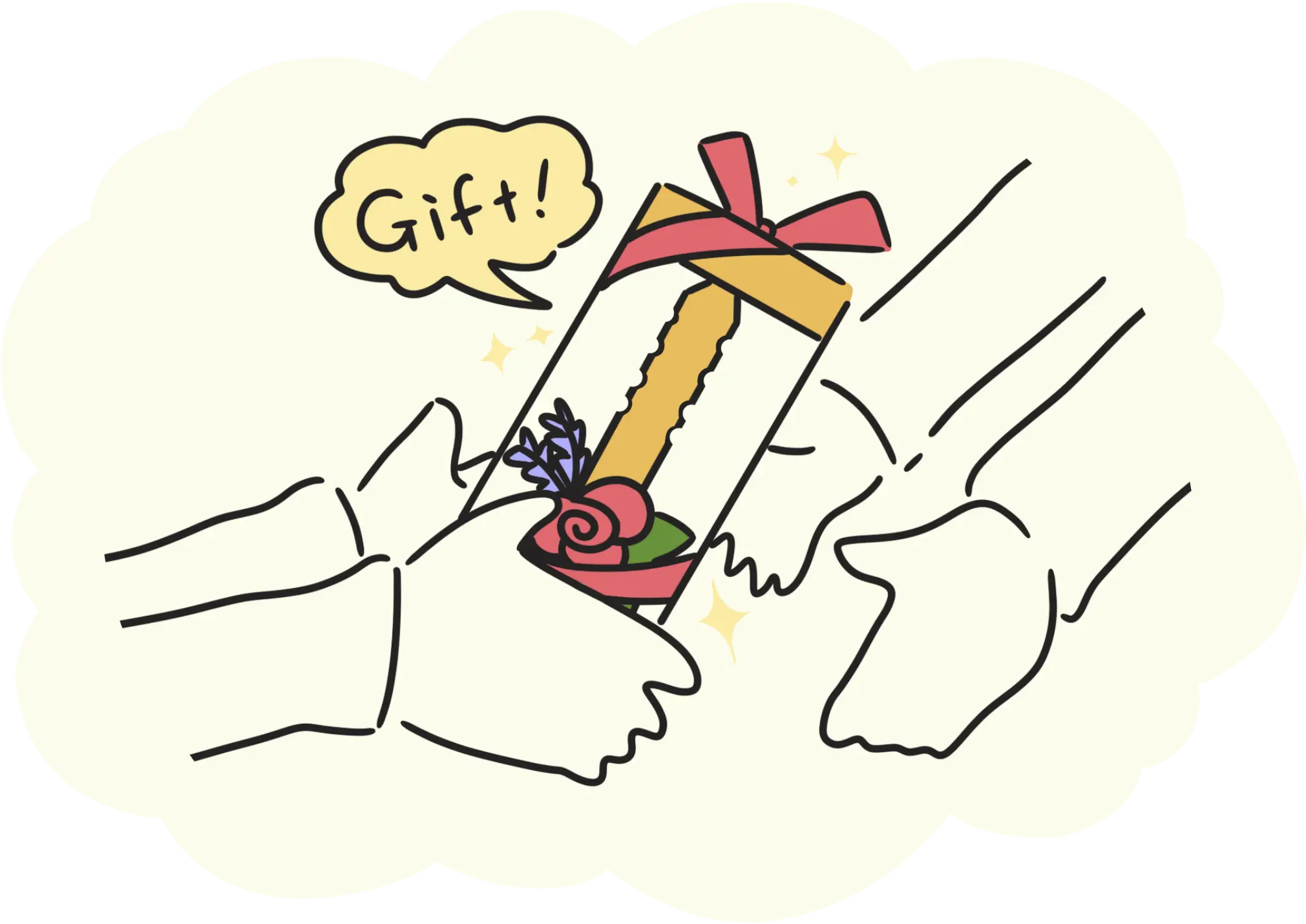 商品の使い方、ステップ3の図説です。箱に入った花手紙kotobaを、贈り物として手渡しています。